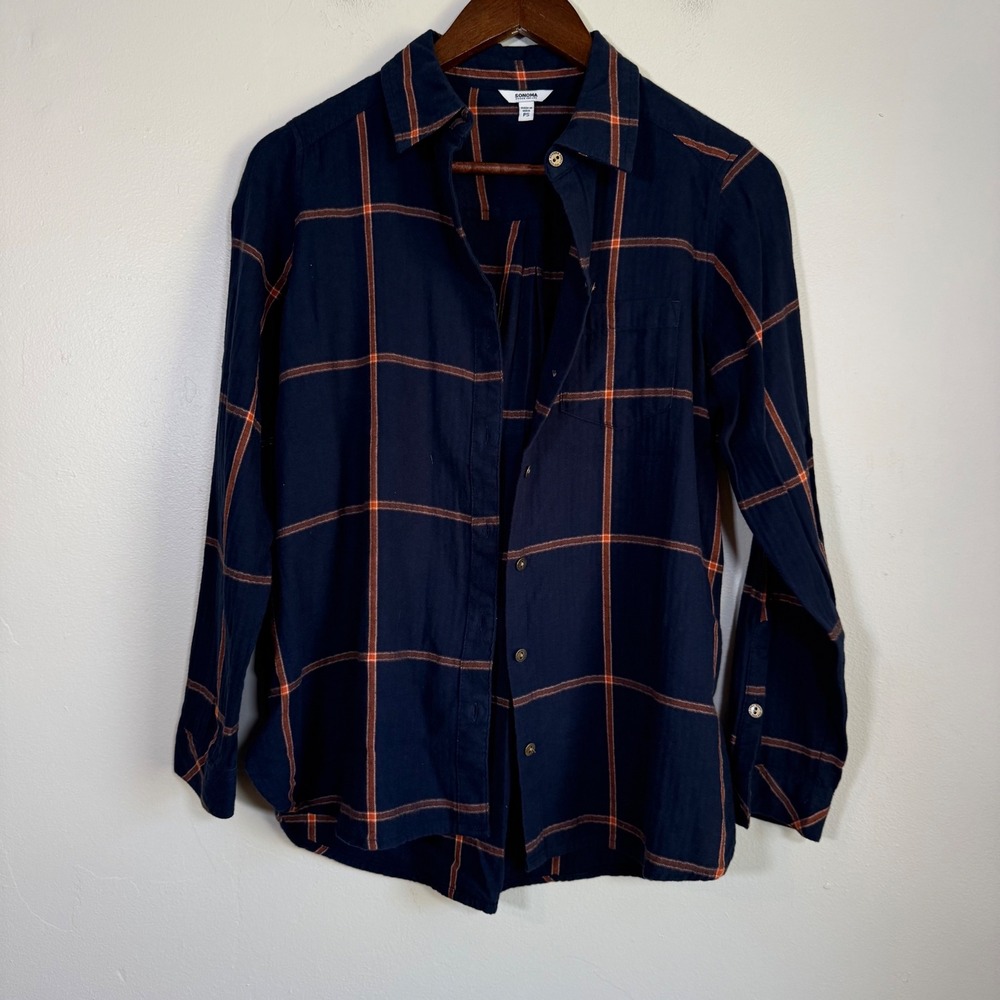 Sonoma Goods For Life Windowpane Plaid Button Down Shirt Size PS Navy Orange
